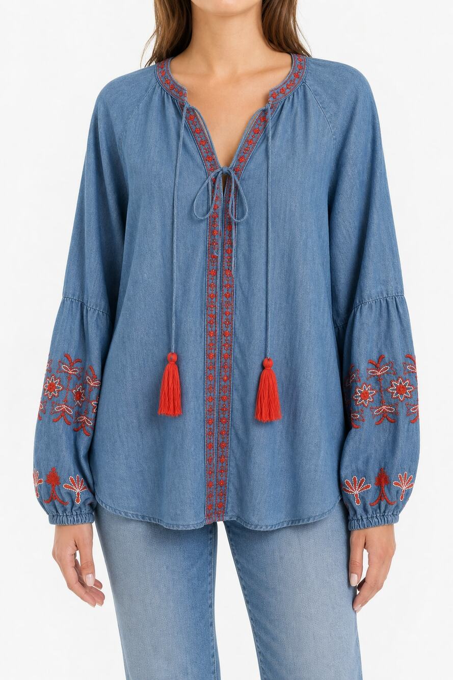 Given Kale Women's Chambray Floral Embroidered Tassel Boho Tunic Blouse M Flowy